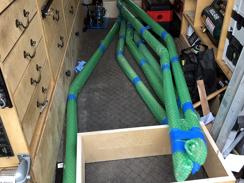 Loaded in the truck, wrapped for safe transportation.