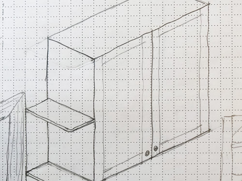 A sketch for the owner’s approval. It included two small floating shelves.
