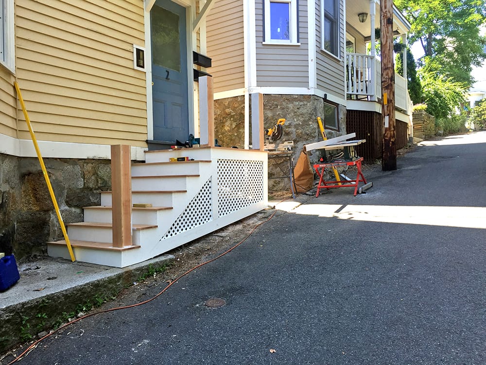 The three posts are built, ready for railings.